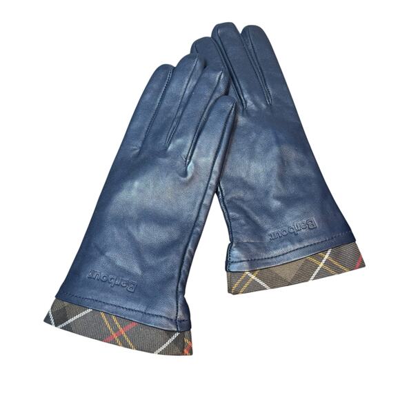 Barbour Navy Tartan Trimmed Leather Gloves Small - Picture 3 of 6